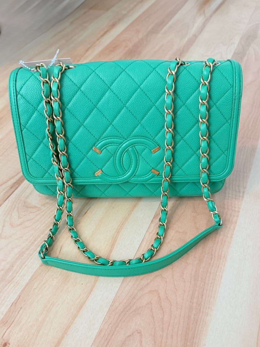 CHANEL Filigree Flap bag, quilted caviar, medium, green